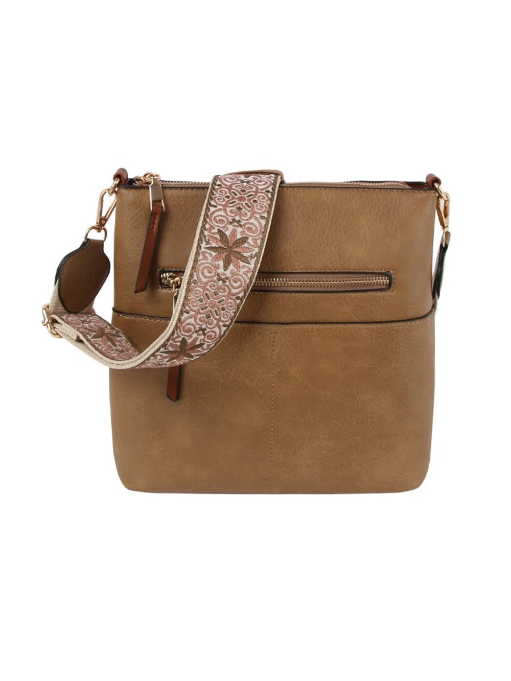 Faux Leather Guitar Strap Crossbody Bag with Front Zipper